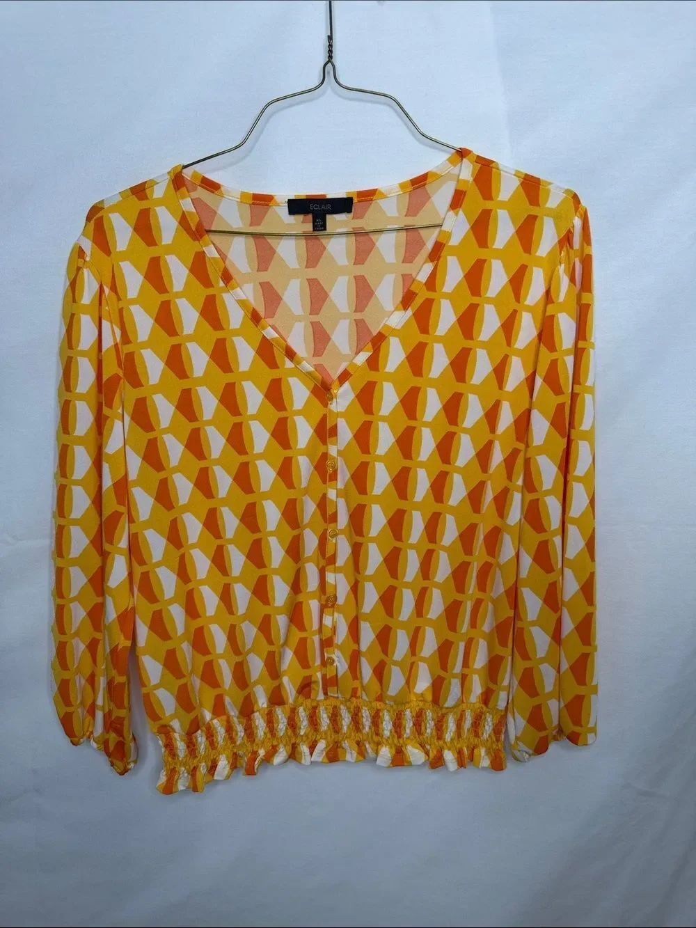 Eclair Yellow Geometric V-Neck Button-Front Blouse